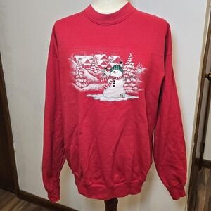 Vintage 90s Womens Snowman Red Christmas Sweatshirt Top Stitch Morning Sun Large